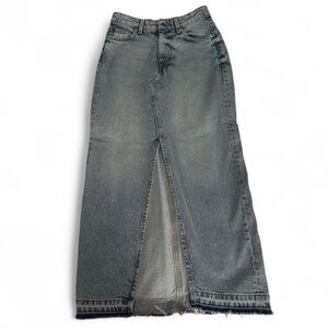 H&M Distressed denim maxi skirt with asymmetrical hem, zipper. Size XS.